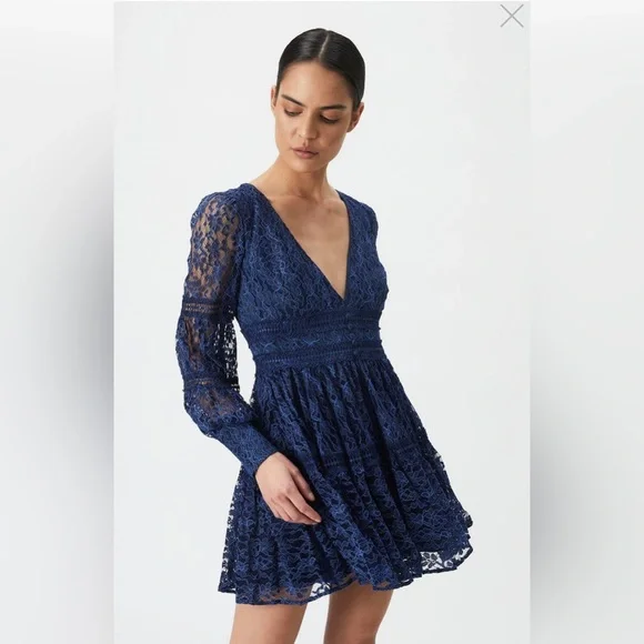 knee length dresses for ladies Bardot Remy Lace Mini Dress in Blue – TrenLend main image 1